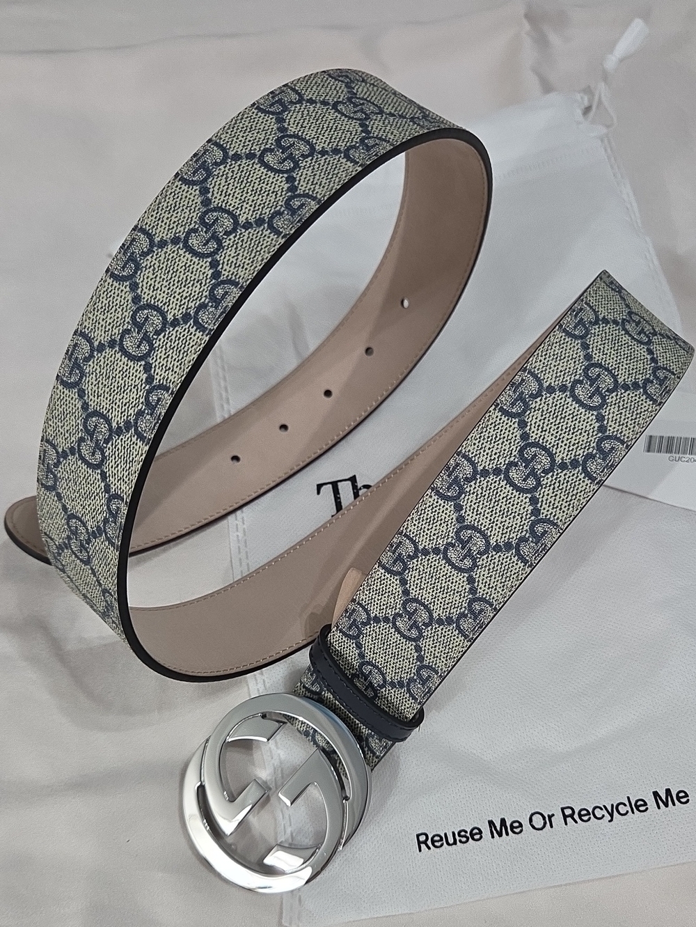Gucci GG Supreme Monogram Belt with Silver Double G Buckle Beige/Navy